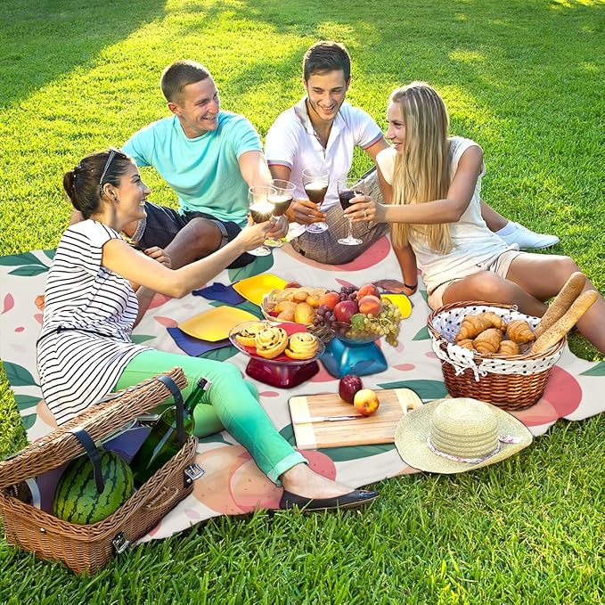 Waterproof Sandproof Beach Blanket 59''×68'' Spring Fruits Polyester Outdoor Picnic Blanket with 4 Stakes &amp Storage Bag for BeachCampingVacation Peach