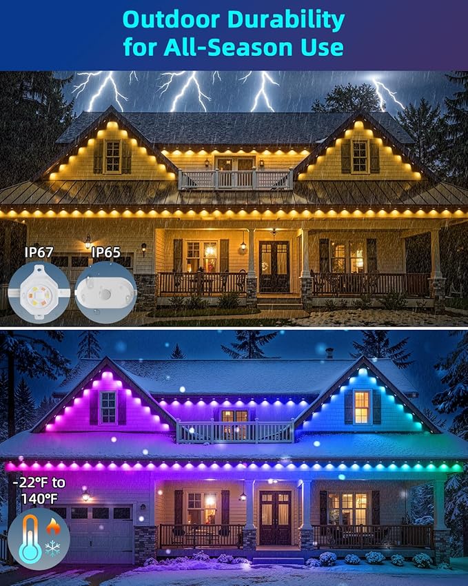 REYLAX Permanent Outdoor Lights Pro 200ft 144 Triple-LED 135lm RGB+IC Smart Eaves Christmas Lights for House IP67 Waterproof DIY Multi Scenes for Outdoor Decor Works with Alexa Google APP Remote