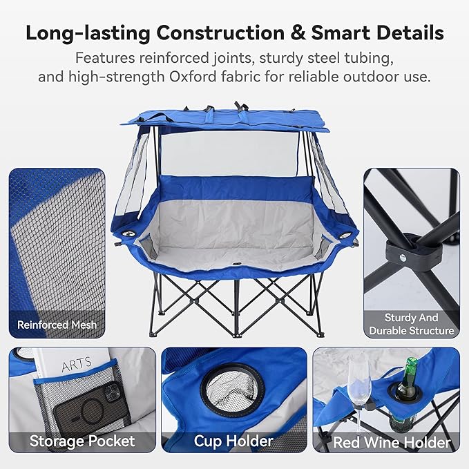 Double Camping Chairs with Canopy Shade Folding Beach Chair Heavy Duty Oversized Outdoor Padded Loveseat Chair 2 Person with Removable Roof Cup Holders Side Pockets Portable Carry BagBlue