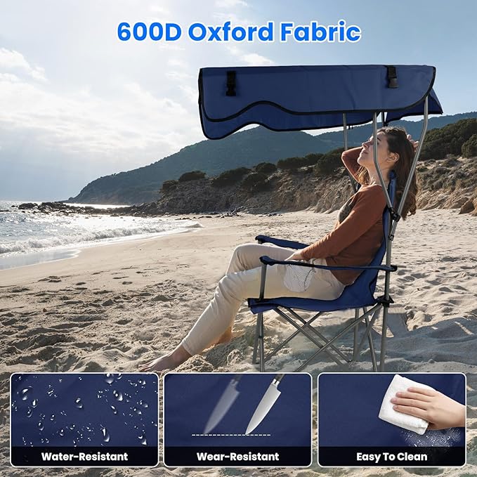 Camping Chair with CanopyOutdoor Folding Chair with Adjustable Shade &amp Cup Holder Heavy Duty Beach Chair for Adult Portable Camping Recliner Support 335 LBS