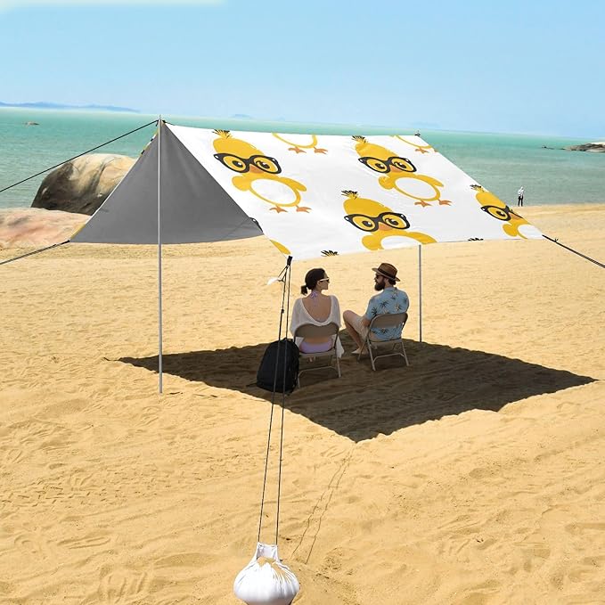 ALAZA Cute Yellow Duck W/Glasses Beach Tent Sun Shelter UPF50+ Protection Beach Shade Canopy w/ 4 Sandbags for Outdoor Camping Fishing Backyard Fun Picnic 10x9 ft