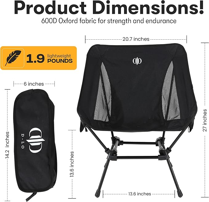 D-LO Ultralight Camping Chair - Black - Upgraded Dual Pocket - High Strength 600D Oxford Fabric - 7075 Aluminum Alloy - Great for Camping Hiking Lounging