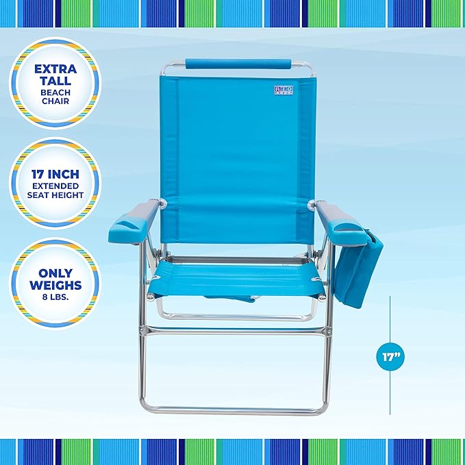 Rio Brands 17 Extended Height 4-Position Folding Beach Camping Lawn Chair Turquoise