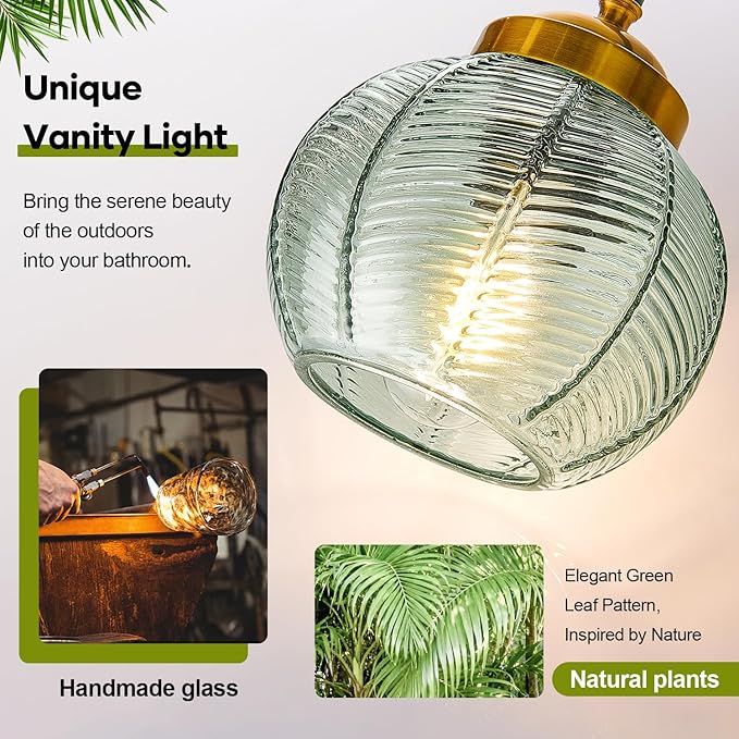 Bathroom Light Fixtures 3-Light Green Vanity Lights with Unique Leaf Texture Glass Shade Modern Matte Black and Gold Bathroom Wall Lamp for Mirror Hallway Cabinet Living Room