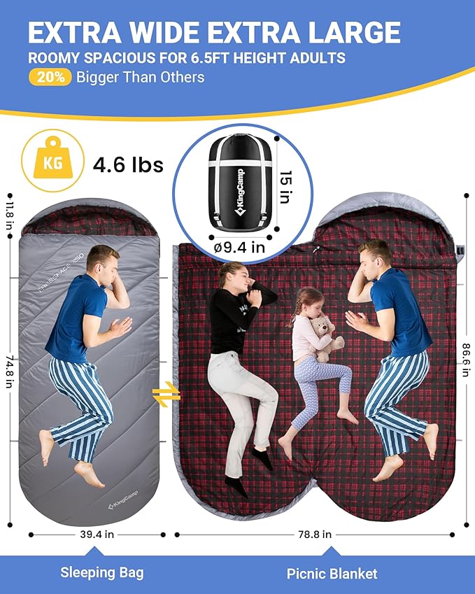KingCamp Sleeping Bag for Adults Cold Weather &amp Warm Extra Wide Big &amp Tall XL Portable Waterproof Flannel Sleeping Bags Essentials Gear Accessories for Camping Backpacking Hiking Indoor &amp