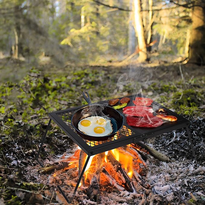 REDCAMP Folding Campfire Grill Heavy Duty Steel Grate Portable Camp Fire Cooking Racks and Griddle for Outdoor Versatile Campfire Cooking