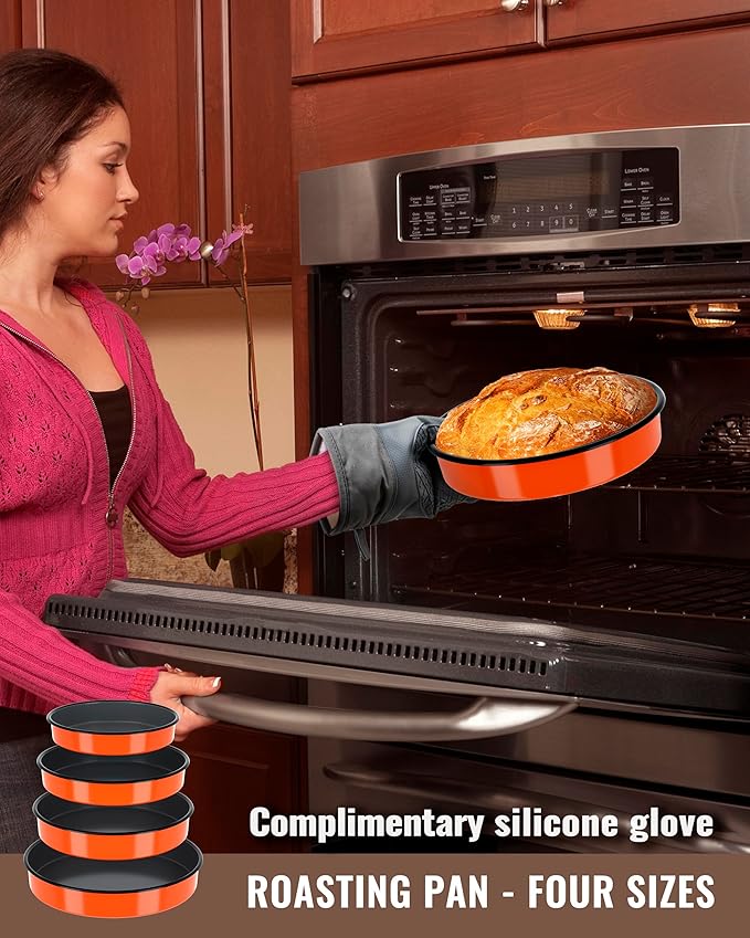 Round Enamel Roasting Pan Set Bakeware 4 Pack Cake Pizza Baking Dish 9/10/12/14 Inch Non-Stick Heat Resistance Chicken Roaster Oven Dishwasher Safe Valentine Mother's Day Gift Cookware