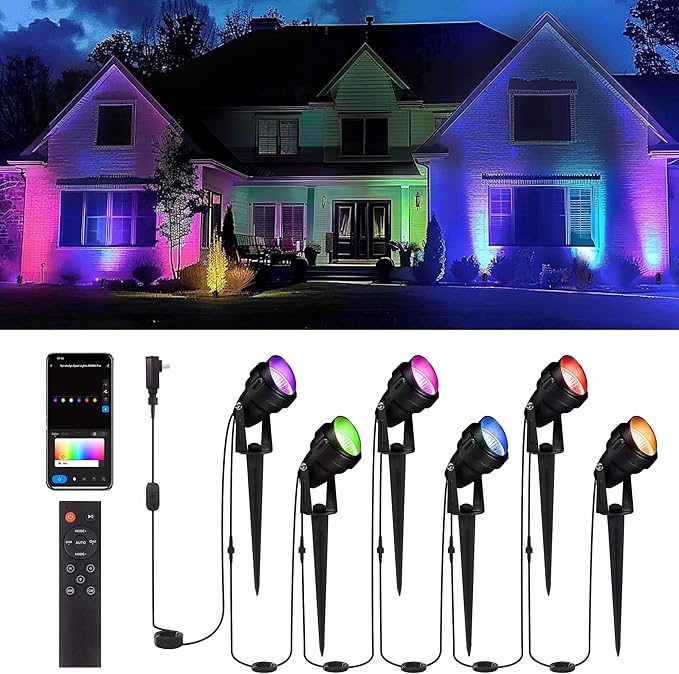 Outdoor Smart Spotlight RGB Color Changing Landscape Lighting 300LM Low Voltage IP65 Waterproof LED Black Aluminum Uplights Decorative for House Yard Garden Halloween