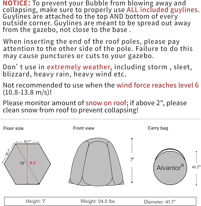 Alvantor® Pop Up Bubble Tent® - 10’ x 10’ Instant Igloo Tent® - 4-6 Person Screen House for Patios - Large Oversize Weather Proof Pod - Cold Protection Camping - Beige
