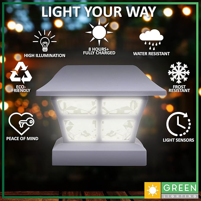 GreenLighting Evolve White Solar Post Cap Lights - 4x4 Post Caps and Outdoor Post Lights - Waterproof Solar Lights for Fence Posts - Solar Post Lights fit 4x4 5x5 Vinyl/PVC White 8 Pack