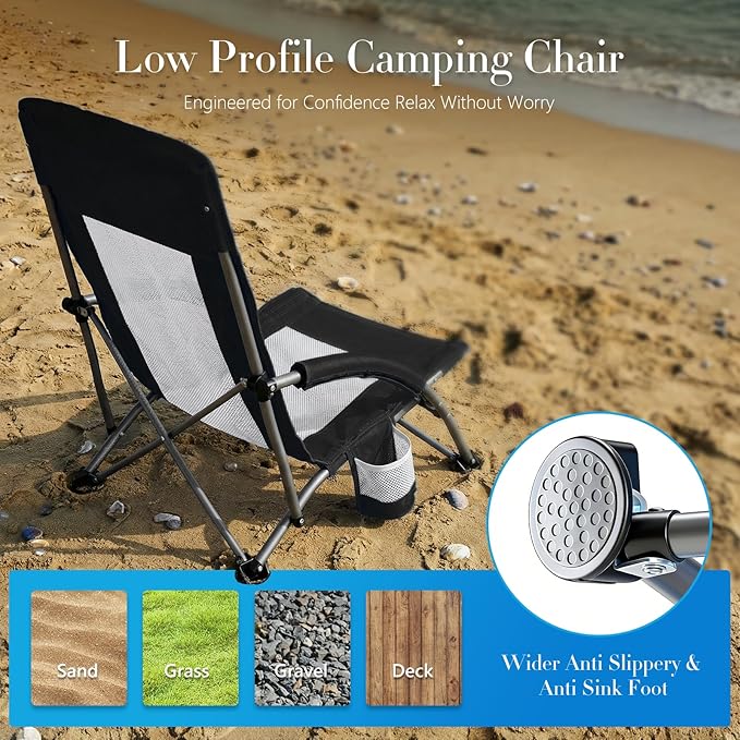 DUMOS Low Beach Chair for Adults Lightweight Folding Beach Chair with Cup Holder Storage Bag Breeze Mesh Back Padded Armrests Compact Low Profile Chair for Camp Picnic Lawn Sand