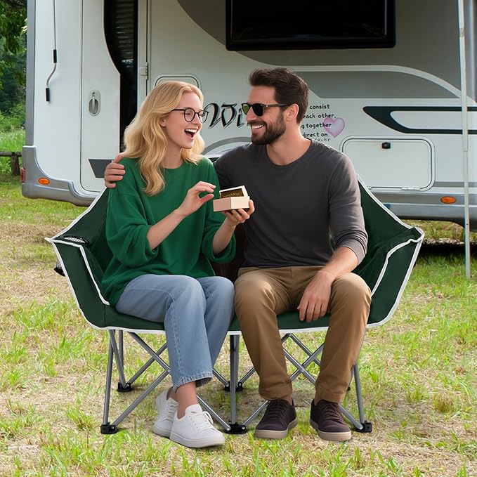 Tangkula 2 Person Camping Chair Portable Oversized Outdoor Folding Camp Chair Loveseat with Padded Seat Cup Holder Carry Bag Heavy Duty Lawn Chair for Beach Fishing Travel (2-PersonGreen)