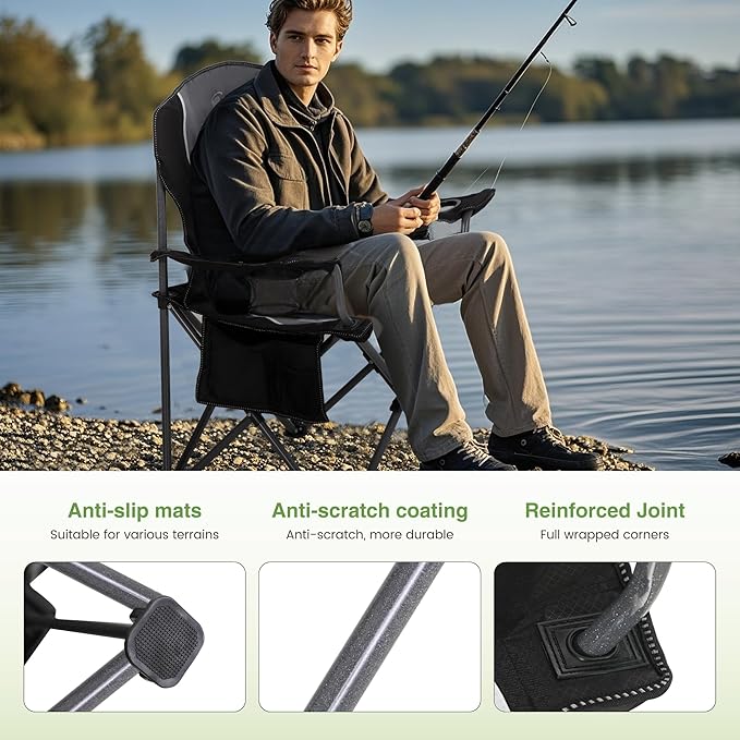 LET'S CAMP Oversized Outdoor Folding Camping Chair 2 Pack Heavy Duty Arm Chairs with Cup Holder and Storage Bag 350 LBS Weight Capacity Grey