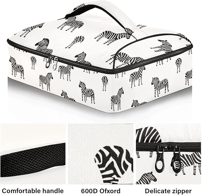 Casserole Carrier Zebra PatternInsulated Casserole Carrier for Hot or Cold Food Thermal Lunch Tote for Potluck Parties Picnic Beach Fits 9 x 13 Inches Baking Dish