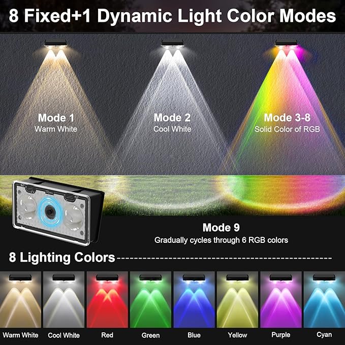Solar Fence Lights Outdoor 12 Pack Warm White &amp Cool White &amp 6 Colored+RGB Color Changing High Brightness LED Spot Lens Deck Lights Dusk to Dawn for Backyard Railing Patio Wall IP65 Waterpr