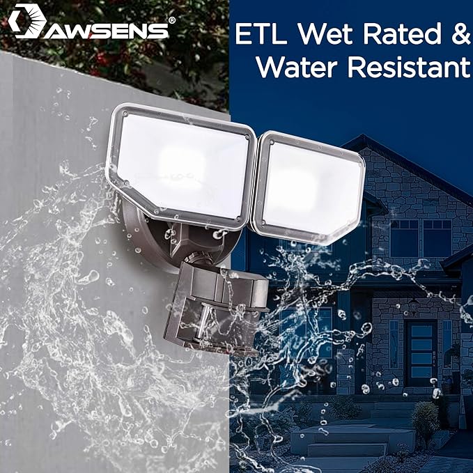 40W LED Security Lights Motion Sensor Light Outdoor 180 Degree 4000LM 5000 K ETL Water Resistant Clear 2 Head Motion Detector Flood Light for Garage Yard 2-Pack (Bronze)