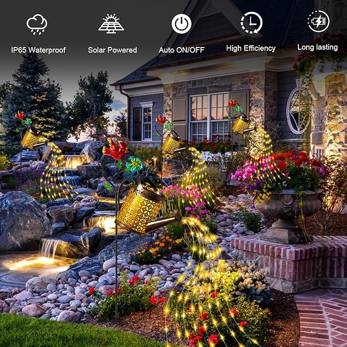 Mothers Day Gifts Solar Lights Outdoor Watering Can with Cascading Lights Watering Can with Hook Solar Lantern Gardening Decor for Yard Patio Gardening Gifts for Mom Grandma Women (2 Pack)