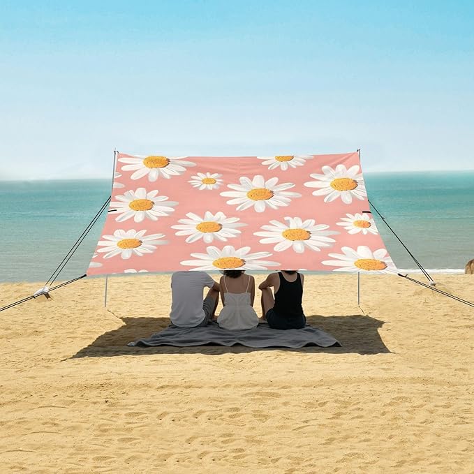 ALAZA Daisy Flower Pink Beach Tent Sun Shelter UPF50+ Protection Beach Shade Canopy w/ 4 Sandbags for Outdoor Camping Fishing Backyard Fun Picnic 10x9 ft