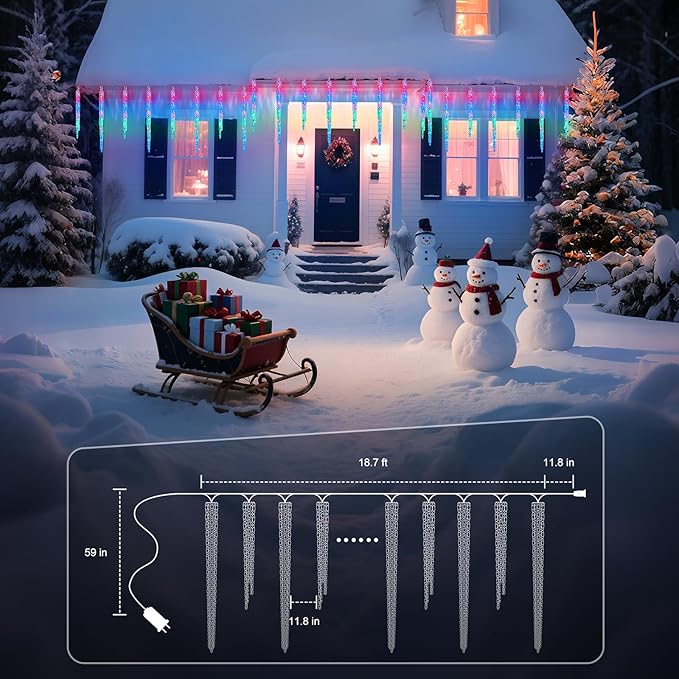 Minetom Icicle Lights Outdoor with Clips 20ft 100 LED 20 Tubes Twinkling Crystal Icicle String Connectable Waterproof Hanging Christmas Lights Plug in for Eave Outdoor Multicolor