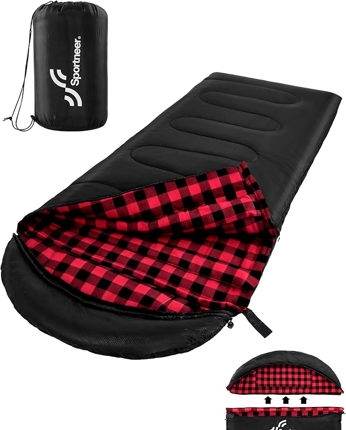 Sportneer 0 Degree Sleeping Bag for Cold Weather XL Winter Sleeping Bag for Adults Flannel Lined Camping Sleeping Bag 32°F–59°F Rated 87 x 33.5 4.4 lbs Detachable Hood Compression Sack