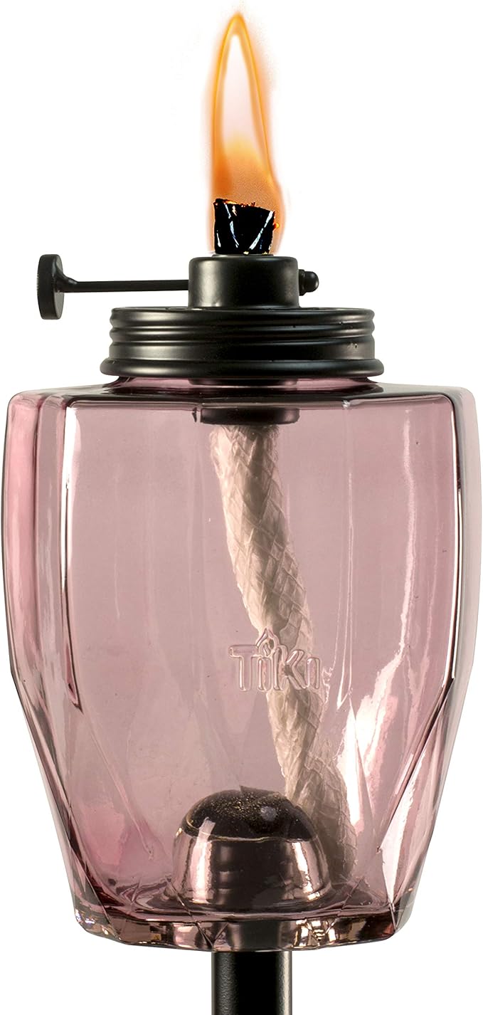 TIKI Adjustable Flame 64 Glass Torch – Pink Decorative Lighting for Outdoor Lawn Patio &amp Garden | Includes Snuffer &amp Long-Lasting Wick | Weather-Resistant Design