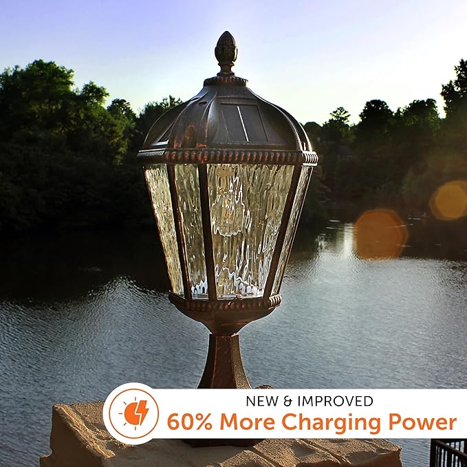 Gama Sonic Outdoor Solar Post Light with Pier Base Brushed Bronze Finish Aluminum and Rain Glass Royal Bulb 150 Lumens Warm White LED Mount on Column or Flat Surface 98B111 Upgraded Panel