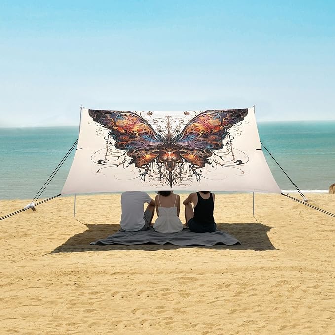 ALAZA Butterfly Punk Beach Tent Sun Shelter UPF50+ Protection Beach Shade Canopy w/ 4 Sandbags for Outdoor Camping Fishing Backyard Fun Picnic 10x9 ft