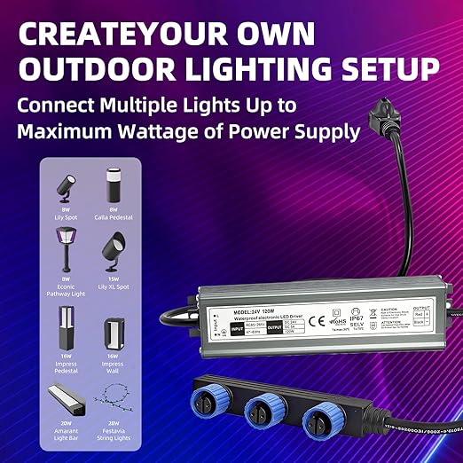 Waterproof Power Supply for Philips Hue Outdoor Lighting - 120W24V 3-Head Output Waterproof Power Adapter for Lily Spot Lily XL Calla PathwayImpress Pedestaland Impress Wall Lights.