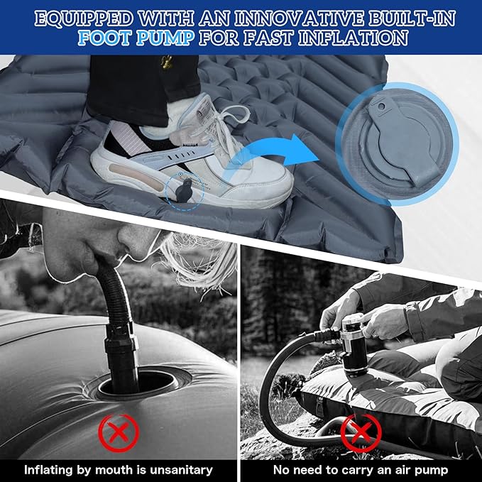 Camping Sleeping Pad Inflatable Ultralight Camping Mat with Pillow Built-in Foot Pump Air Mat for Traveling Tent Camping Hiking Backpacking (Gray)