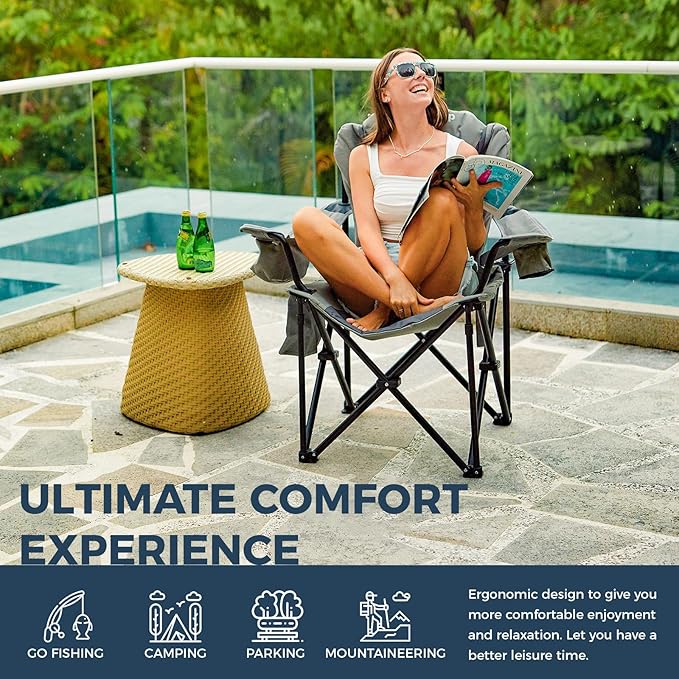 KingCamp Oversized Camping Folding Chair with Lumbar Support Heavy Duty Ergonomic Padded Arm Chair with Cooler Bag Cup Holder Portable for Outdoor