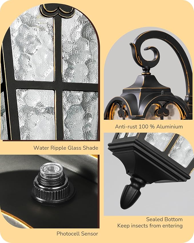 EDISHINE 2 Pack Dusk to Dawn Outdoor Wall Lights Porch Lights with GFCI Outlet Retro Black Outdoor Wall Lantern Waterproof Outside Exterior Light Fixture for Front Door Patio Garage E26 Socket