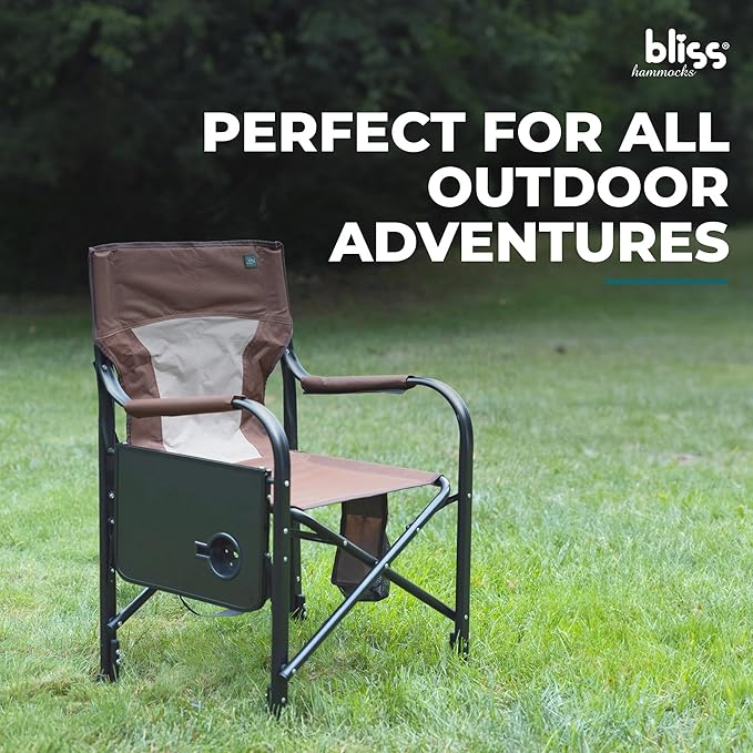 Bliss Hammocks 24 Volt Heated Directors Seat with 3 Heat Settings Folding Portable 21 Inch Wide Steel Frame Camping Chair - Battery Included Brown