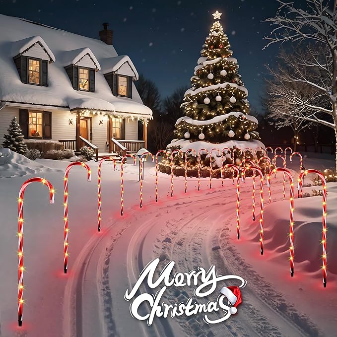 VCOKEN 30'' Christmas Candy Cane Pathway Markers Lights - Set of 10 Christmas Stakes Lights Outdoor Pathway Decorations Connectable &amp Light Up Xmas Holiday Party Yard Art Indoor Outdoor Ornament