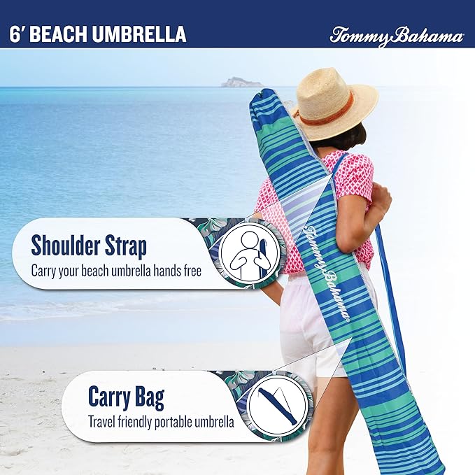 Tommy Bahama 6' UPF 50+ Tilt Beach Umbrella with Integrated Sand Anchor Wind Vent and Carry Bag