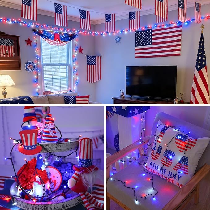 QITONG 500 LED Red White and Blue String Lights 165ft 4th of July Decorations Lights Plug in Outdoor Indoor 8 Modes Patriotic Light Green Wire for Independence Memorial Day Décor