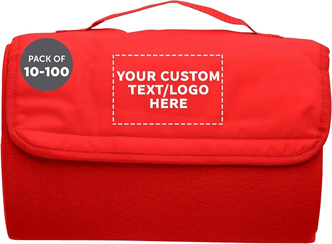 DISCOUNT PROMOS Custom Roll Up Picnic Blankets Set of 10/50/100 Personalized Bulk Pack Great for Camping Picnic Beach Sports Outdoor Activities - Red