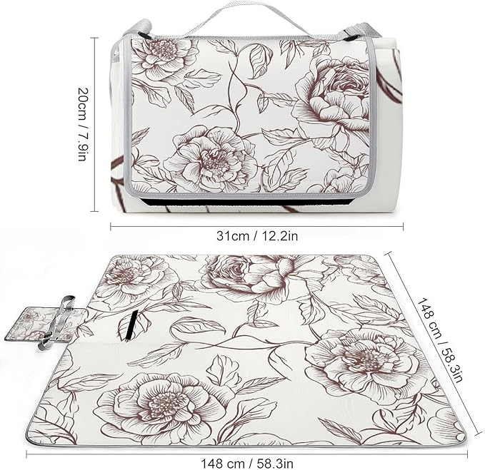 Line Floral Rose Flowers Design2 Beach BlanketPortable Waterproof Picnic Blanket58.3''x 58.3'' Extra Large Picnic Mat for BeachCamping Grass Lawn Park Accessorie for Festival BBQ
