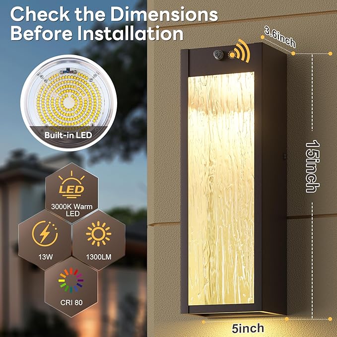 Dusk to Dawn LED Outdoor Wall Light 2 Pack Bronze 15in Exterior Waterproof Porch Sconces Large Modern Water Rippleed Outdoor Lighting Wall Mounted Outside Lantern for Garage Front Door