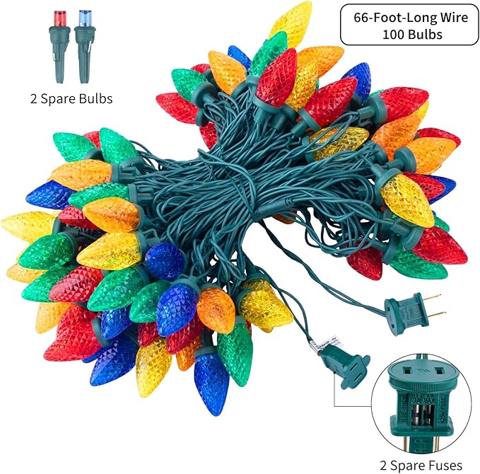 Brightown C9 Christmas String Lights Multicolor 66ft 100 LED Faceted Christmas Lights on Green Wire Plug-in Large Bulb Strawberry String Lights for House Roof Roofline Christmas Tree Party Outdoor