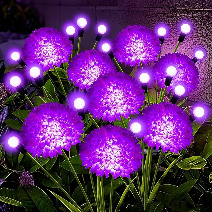 Solar Garden Lights 4 Pack Solar Purple Swaying Firefly Lights with Flowers Waterproof Purple Halloween Flowers Light Outdoor for Garden Patio Yard Fall Decoration Gifts for Women Mother's Day