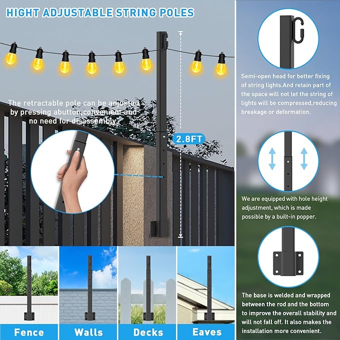8 Pack 2.8Ft String Light PolesLight Poles for Outside LightsOutdoor with Fence Brackets Hanging LightsMetal Stand Deck Patio Backyard
