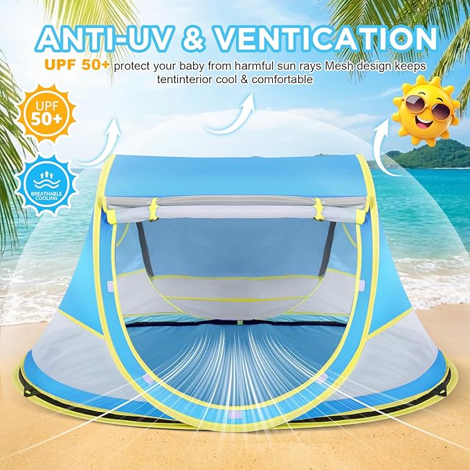Baby Beach Tent Pop Up Beach Tent Sun Shade for Beach UPF 50+ UV Protection Sun Shelters for Infants with Carry Bag for Outdoor Travel Camping(Blue)