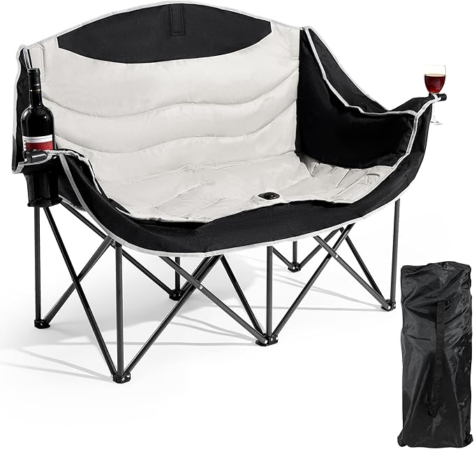 Double Camping ChairsOversized Foldable Camping Chairs with Cup Holders Heavy Duty Loveseat Couch for Adults Suitable for Indoor Outdoor Beach Support 600 lbs（Black/White）