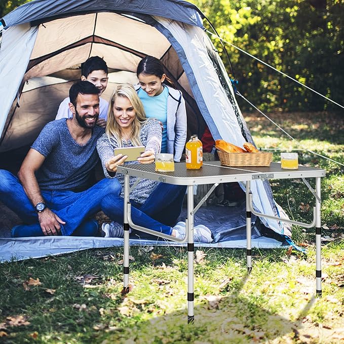 GYMAX Aluminum Folding Camping Table Adjustable Grill Table Portable Metal Grill Stand for BBQ Camping Outdoor Cooking