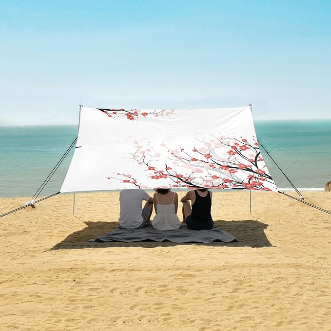 ALAZA Red Cherry Blossom Flowers Floral Beach Tent Sun Shelter UPF50+ Protection Beach Shade Canopy w/ 4 Sandbags for Outdoor Camping Fishing Backyard Fun Picnic 10x9 ft