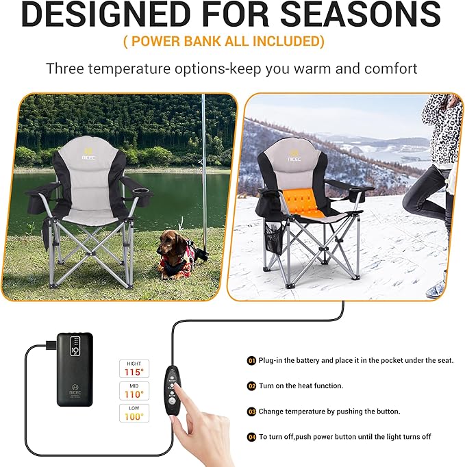 Nice C Heated Camping Chair with Battery Outdoor Sports Heated Chair Heated Camping Chairs for Adults Folding Beach Chair Heavy Duty Cooler Carry Bag 10000mAh Power Bank Included (1 Pack)