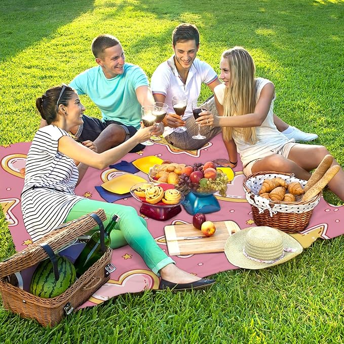 Waterproof Sandproof Beach Blanket 59''×68'' Golden Star Polyester Outdoor Picnic Blanket with 4 Stakes &amp Storage Bag for BeachCampingVacation Leather Pink