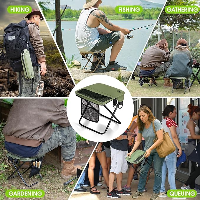 Camping Stool Upgraded FoldableStool Aluminum Alloy Bracket Portable outdoorfolding Chair with Pocket for Queuing FishingHiking Tours BBQ Parties Outdoor Camping Accessories(Green)