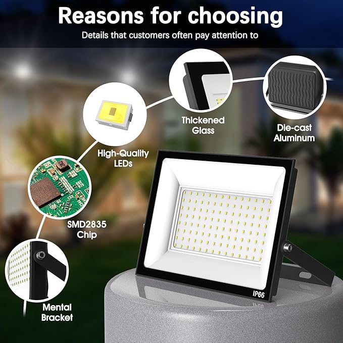 50W Flood Light Outdoor: 2 Pack 5000LM Bright LED Plug-in Flood Light IP66 Waterproof 100-265V 6500K Daylight White Plug-and-Play Heat Dissipation Ideal for Yard Garage Stadium