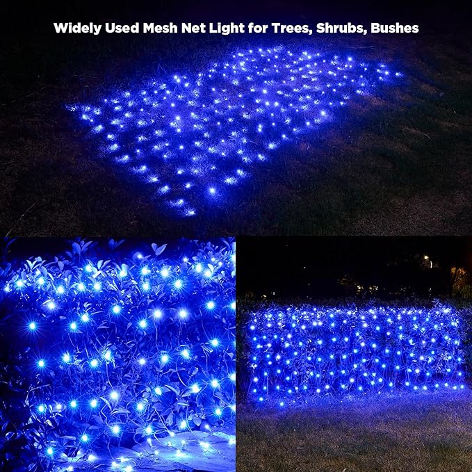 Led Net Lights Christmas Lights Outdoor 200Leds 9ft x 6ft Upgraded Blue Christmas Net Lighting Waterproof 5mm LED Wide Angle Outdoor Indoor Mesh Net Light for Trees Bushes Shrubs Decorations